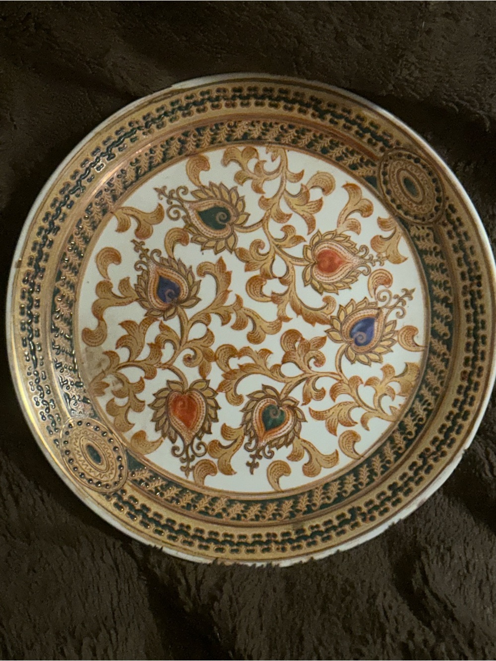 Hand-Painted Ornate Floral Dinner Plate - Gold and Multicolor